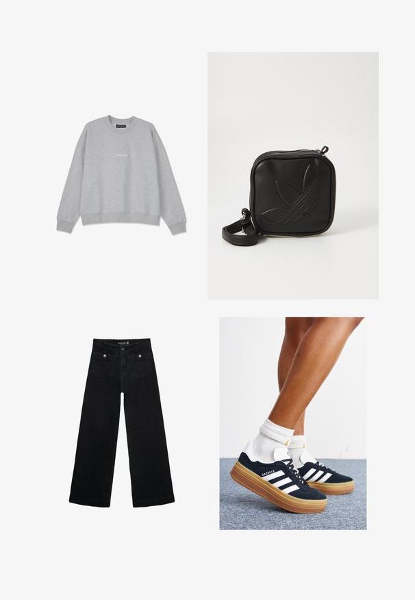 Felpa grigia chiara realizzata in misto cotone. Dotata di scollatura rotonda e spalle scese. Sul fronte presenta un piccolo dettaglio testuale bianco "PEGA.DOR".; Jeans neri a gamba larga con vita alta, dotati di due tasche frontali e dettagli in metallo sui bottoni. Il tessuto ha una texture liscia.; Sneakers in pelle scamosciata nera con strisce e dettagli bianchi, punta arrotondata, suola in gomma color gomme, abbinate a calzini bianchi a coste alla caviglia.; Borsa a tracolla nera realizzata in materiale sintetico testurizzato. Presenta un design con logo inciso e una tracolla regolabile. Chiusura con zip.