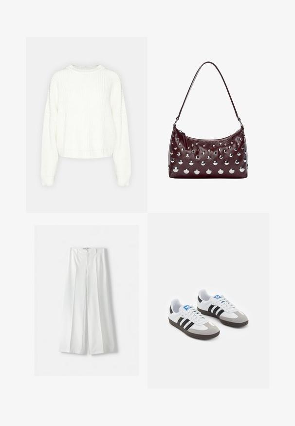 Fehér kötött pulcsi kerek nyakkal, hosszú ujakkal és lazán illeszkedő fazonnal. Texturált mintázattal és bordázott szegélyekkel, valamint mandzsettákkal rendelkezik.; Sötétszürke, vékony pántos camisole, virágos csipkés díszítéssel a nyakkivágás mentén. Sima anyag, laza szabással, további részletek nélkül.; Bershka WIDE-LEG TAILORED - Nadrágok - white; Fehér bőr felsőrészes sportcipő, szürke velúrból készült orral és három fekete csíkkal. Jellemzője a kék logó a nyelvén és egy texturált gumitalp.; Bordó bőr kézitáska lekerekített formával, fémes kör alakú szegecsekkel és cipzáras tetejével, egyetlen vállpánttal kiegészítve.