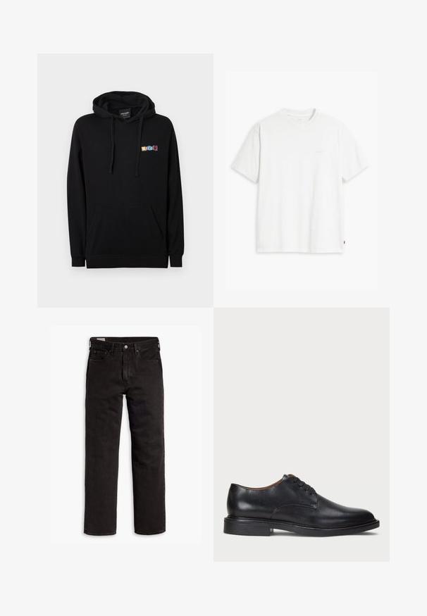Svart luvtröja med framficka, utrustad med en flerfärgad "Legal"-grafik på vänstra bröstområdet. Tillverkad av mjukt tyg.; Vit bomulls t-shirt med korta ärmar, rundad halsringning och subtil Levi's-logotyp tryckt i mitten. Mjuk textur och standard passform.; Svarta raka denimjeans med fem fickor, knappstängning och bälteshällor, liggande plant på en vit bakgrund.; Svart läderklänningsko med rund tå, snörning och låg staplad klack. Slät yta med minimala sömdetaljer.