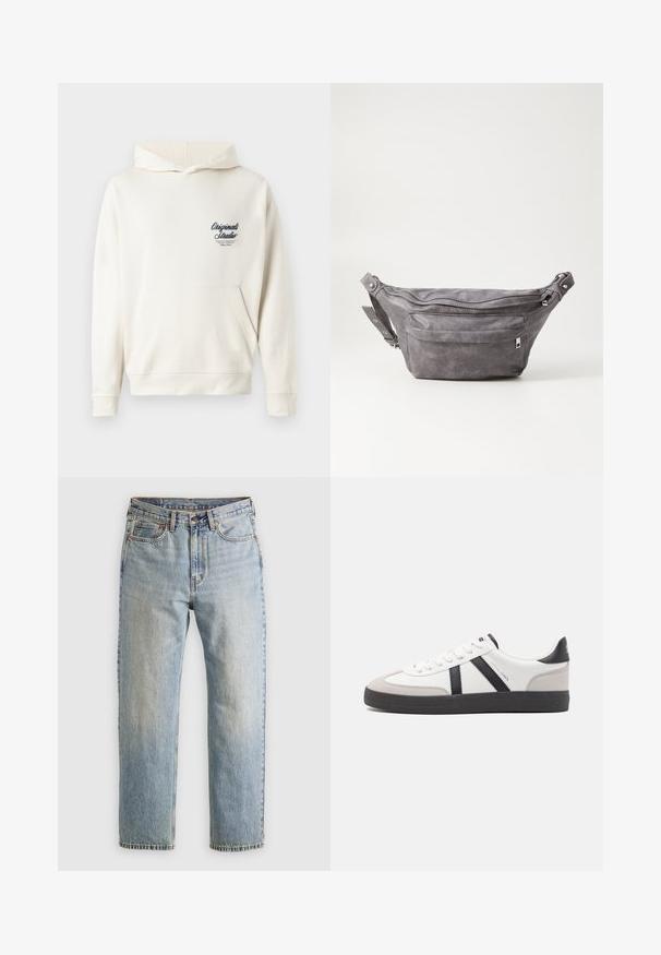 Hanorac crema, dintr-un material moale, cu un buzunar frontal, manșete cu rângi și un mic logo brodat pe piept.; Jeans din denim de culoare albastru deschis, cu talie înaltă, nasture frontal, fermoar și design cu cinci buzunare, așezate platesc pe un fundal neutru.; Sneaker alb cu accente negre și gri, având un capac de vârf gri texturat, talpă din cauciuc negru și șireturi plate albe. Design elegant, stil minimalist.; Borseta gri din suede, cu o formă rotunjită, două compartimente cu fermoar și curea ajustabilă. Are accente din metal.