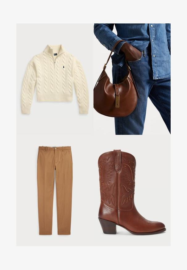 Polo Ralph Lauren CABLE WOOL CASHMERE HALF ZIP SWEATER - Pulover - authentic cream; Rjave bombažne hlače s slim-fit obliko, ravnim sprednje delom in standardnimi žepi; gladka tekstura in obrobljeni robovi.; Rjavi usnjeni kavbojski škorenj s koničastim nosom, embosirano zahodno oblikovanje in naložen peti. Vsebuje šiv in gladko teksturo.; Rjava usnjena hobo torba zaobljene oblike, ki vsebuje zlatokovinske dodatke in kontrastno šivanje. V kombinaciji z denim srajco in kavbojkami.