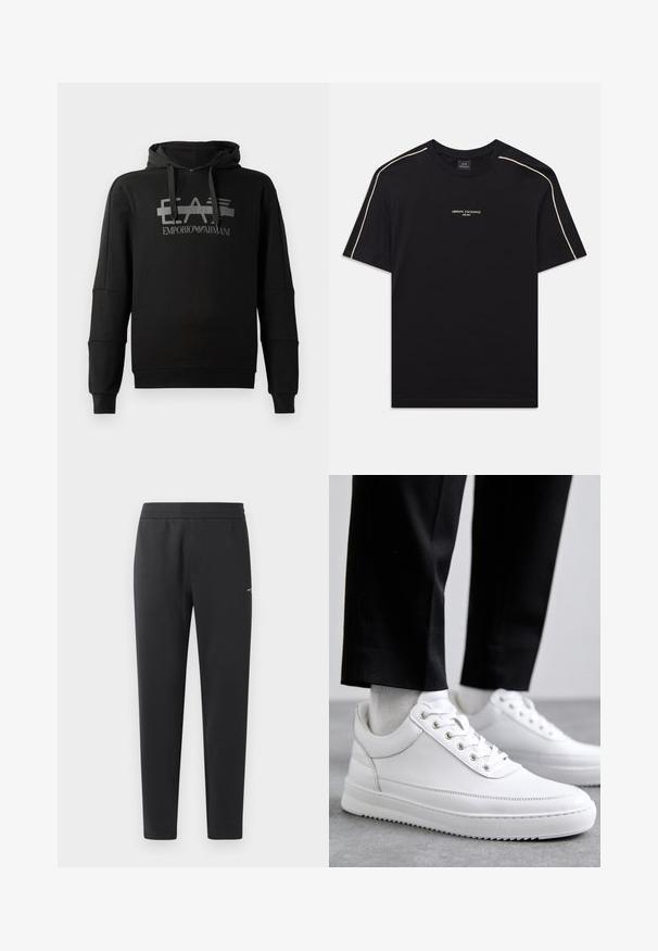 Sweatshirt com capuz preto, apresentando um destacado logótipo gráfico cinza "EA7 Emporio Armani". Fabricado em tecido macio, com mangas longas e um corte descontraído.; T-shirt de algodão preto com mangas curtas, gola redonda, costura de destaque bege nos ombros e logo ARMANI EXCHANGE ao centro.; Calças de treino pretas feitas de tecido suave, com um cós elástico, pernas retas e um pequeno detalhe de logotipo de um lado.; Sneakers brancos de couro com uma sola de borracha plana, apresentando um acabamento suave, bico redondo e ilhós de metal para os atacadores. Usados com calças pretas.
