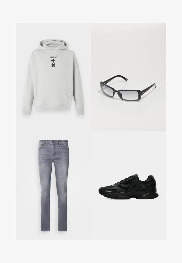 Világosszürke kapucnis pulóver elülső zsebbel, fekete "REPLAY" felirattal és grafikai szimbólumokkal. Puha anyag, laza fazon, bordázott mandzsetták.; Replay Inc. Hosszú ujjú felső - stoned grey; Világosszürke farmernadrág egyenes szabással, öt zsebbel, réz gombbal záródik, és enyhe elhalványulással a lábakon.; Fekete sportcipők texturált felsőrészsel, fényvisszaverő részletekkel és párnázott talppal. Fűzős kialakítás és márkás logó az oldalon.; Fekete, téglalap alakú napszemüveg, átmeneti lencsékkel, vastag kerettel és fém díszítésekkel a szárakon. Az egész felülete sima.