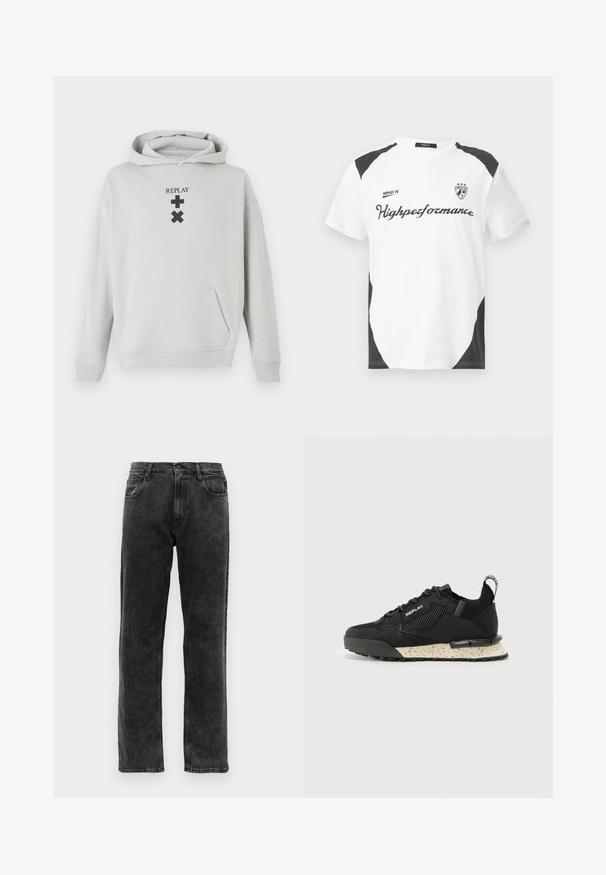 Hanorac gri deschis cu un buzunar frontal, prezentând textul negru "REPLAY" și simboluri grafice. Material moale, croială lejeră, mansete ribificate.; Tricou alb cu mânecă scurtă și accente negre. Prezintă logo-ul "REPLAY FC" și textul "Highpeformance" într-un font sportiv. Fabricat dintr-un material neted.; Jeans negri din denim cu croi drept, având cinci buzunare, închidere cu nasture și decolorări subtile pe țesătură.; Replay FIELD MELT 25 - Sneakers low - black