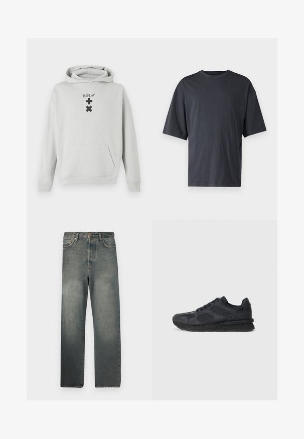 Světlě šedá mikina s kapucí a přední kapsou, na které je černý nápis "REPLAY" a grafické symboly. Měkká látka, volný střih, žebrované manžety.; Tmavě šedé tričko s krátkým rukávem vyrobené z lehké bavlny, s volným střihem a klasickým kulatým výstřihem, s jednolitou strukturou a bez vzorů.; Jack & Jones JJIALEX JJCOOPER - Baggy džíny - black denim; Replay ARTHUR ATOM - Tenisky - black