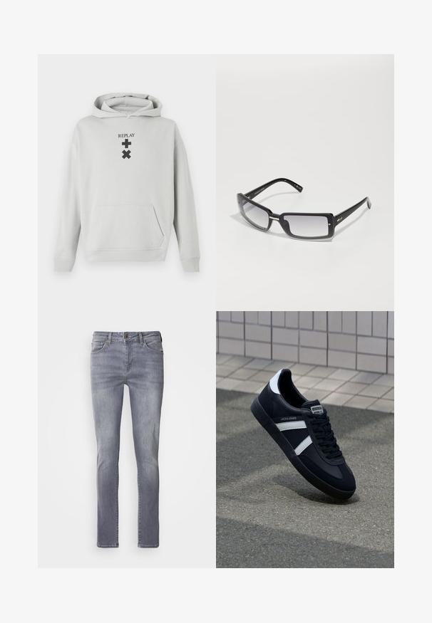 Sudadera gris claro con un bolsillo frontal, que presenta el texto en negro "REPLAY" y símbolos gráficos. Tejido suave, corte relajado, puños de canalé.; Jeans de mezclilla en gris claro con corte recto, que cuentan con cinco bolsillos, cierre de botón de latón y un leve desgastado en las piernas.; Zapatilla de cuero negra con rayas blancas, suela de goma texturizada y parte frontal con cordones. Cuenta con una etiqueta de marca en la lengüeta.; Gafas de sol rectangulares negras con lentes degradados, con un marco grueso y detalles metálicos en las varillas. Textura suave en toda su superficie.
