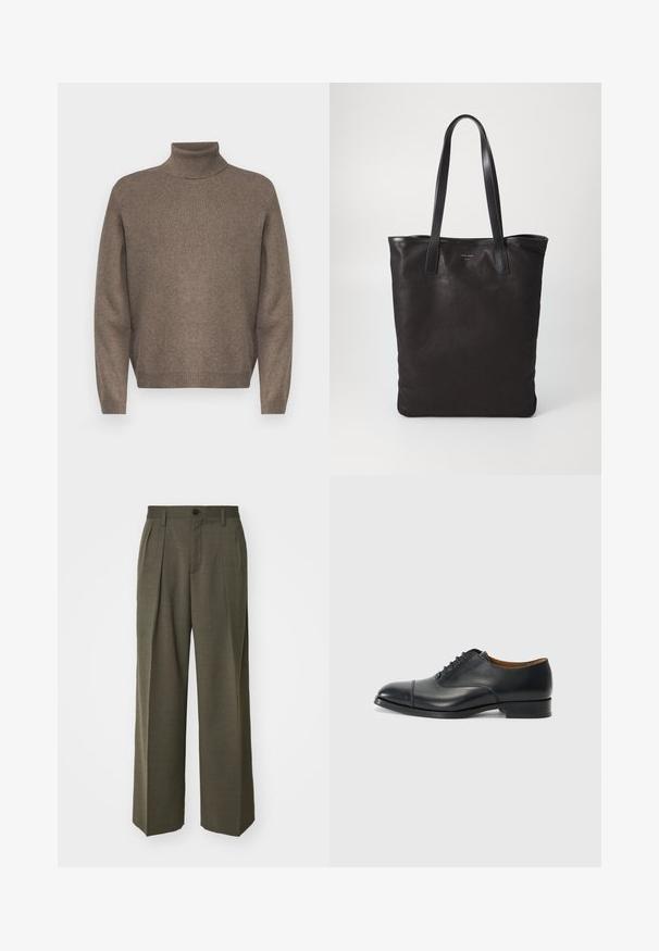 Maglione a collo alto marrone realizzato in morbido tessuto a maglia. Presenta polsini e orlo a costine, con una vestibilità rilassata e un design senza cuciture.; Filippa K WIDE TROUSERS - Pantaloni - driftwood; Scarpa da donna nera in pelle con finitura liscia, punta arrotondata, cinque passanti per i lacci e tacco basso a blocco. Design minimalista con cuciture sottili.; Borsa tote in tela nera con manici in pelle nera. Design semplice, corpo spazioso e texture liscia. Nessun logo o motivo visibile.