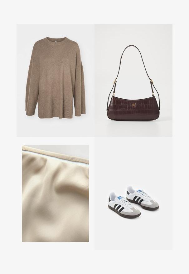 Brązowy, oversize sweter z ribbowym wykończeniem, szerokimi rękawami i okrągłym dekoltem. Miękka tekstura, minimalistyczny design bez wzorów.; Beżowa tkanina o gładkiej fakturze, z delikatnymi zagnieceniami i kontrastowym białym zamkiem błyskawicznym wzdłuż górnej krawędzi.; Buty sportowe z białą skórzaną cholewką, szarym zamszowym noskiem i trzema czarnymi paskami. Posiadają niebieskie logo na języku oraz teksturowaną gumową podeszwę.; Burgundzka torebka z teksturą krokodylej skóry, w kształcie zakrzywionym, z akcentem w postaci złotego logo. Posiada pojedynczy pasek ze złotymi elementami.