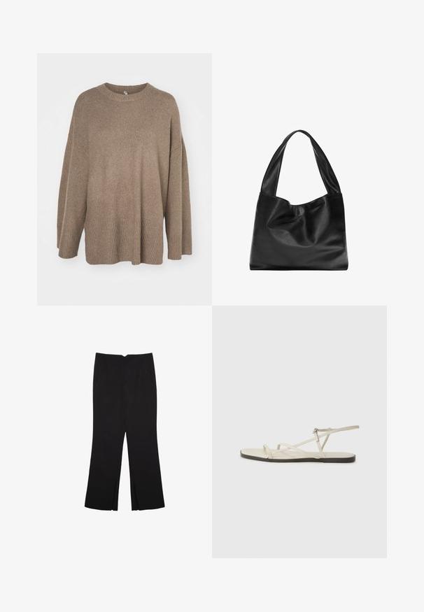 Brown oversized sweater with a ribbed hem, wide sleeves, and a round neck. Soft texture, minimalistic design without patterns.; Black trousers with a straight fit, featuring front pockets and side slits at the hem. Made of soft, smooth fabric. Suitable for various occasions.; Beige flat sandal with multiple slender straps and an adjustable buckle. The sole is flat with a slight dark contrast at the edge.; Black leather tote bag with a soft, slouchy design, wide handles, and smooth texture. No visible hardware or embellishments.