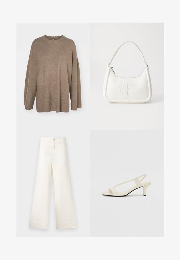 Brauner übergroßer Pullover mit geripptem Saum, weiten Ärmeln und Rundhalsausschnitt. Weiche Textur, minimalistisches Design ohne Muster.; Weite Hosen aus hellem beigen Baumwollstoff. Mit hoher Taille, vorderen Taschen und geradem Schnitt. Saubere Saumverarbeitung ohne Muster.; Beige Blockabsatzsandalen mit dünnen Riemen und quadrater Spitze. Glattes Material mit minimalem Design, entworfen für einfaches Tragen.; Weiße Lederhandtasche mit abgerundeter Form, ausgestattet mit einem geprägten "CK"-Logo auf der Vorderseite und einem Einzel-Schultergurt. Reißverschluss oben.
