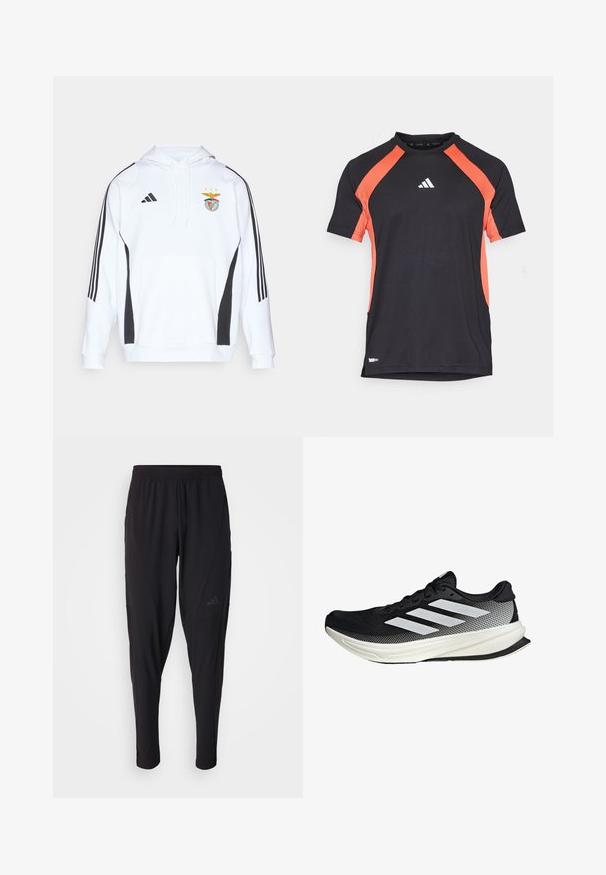 Biely sveter s kapucňou a čiernymi bočnými akcentmi a tromi čiernymi pruhmi na každom rukáve. Má predné vrecko a vyšívané logo tímu na hrudi.; Čierne športové tričko s krátkymi rukávmi, oranžovými bočnými panelmi a bielym logom Adidas na prednej strane. Hladká tkanina, dizajn s okrúhlym výstrihom.; Čierne športové nohavice s elastickým pásom, zúženým strihom, bočnými vreckami a nenápadným logom. Vyrobené z flexibilnej, priedušnej tkaniny.; Čierna atletická topánka s dizajnom z mriežky, s bielymi prúžkami, zaoblenou špičkou a textúrovanou podrážkou pre lepšiu priľnavosť a podporu.