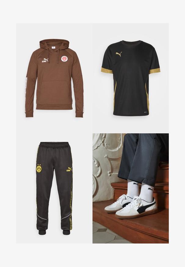 Brun hettegenser laget av mykt materiale med en frontlomme, snor i hetten og hvite sportsdetaljer på ermene med en logo.; Svart treningst-skjorte med gulldetaljer på ermene og siden. Har rund hals, korte ermer og fukttransporterende DRYCELL-stoff.; Svarte treningsbukser med gule Borussia Dortmund BVB 09 og Puma King-logoer, elastisk liv, og mønstrede gule sidestriper.; Puma-sneakers i hvitt og svart semsket skinn, med en brun gummisåle. Kombinert med hvite sokker med en svart logo, båret med mørke bukser.