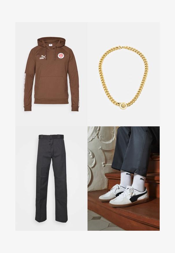 Brązowa bluza z kapturem wykonana z miękkiego materiału, z przednią kieszenią, kapturem na sznurku oraz białymi akcentami sportowymi na rękawach z logo.; Czarne spodnie wykonane z trwałego materiału, z prostym krojem nogawek, pasa z szlufkami na pasek oraz szwami dodającymi faktury.; Sneakers Puma w białym i czarnym zamszu, z brązową gumową podeszwą. W połączeniu z białymi skarpetkami z czarnym logo, noszone z ciemnymi spodniami.; Złoty naszyjnik z dużymi, splątanymi ogniwami, z okrągłym wisiorkiem na środku, zawierającym wystający emblemat.