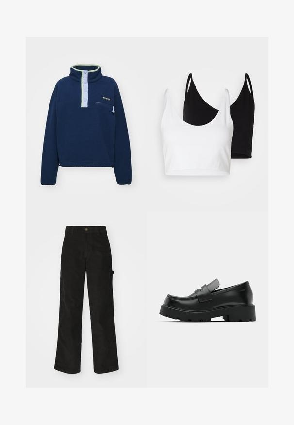 Tengerészkék plüss pulóver magas gallérral, világoskék és zöld kiegészítőkkel, elülső cipzáras zsebbel és gombos záródással. Puha tapintású és laza szabású.; Két pamut crop top fehér és fekete színben. Mindkettő mély nyakkivágással és vékony vállpántokkal rendelkezik, sima, puha textúrával.; Fekete kordbársony nadrág egyenes szabással, gombos záródással és oldalzsebbel. Simaság jellemzi, finom függőleges csíkokkal.; Fekete bőr loaferek, vastag, texturált talppal, egy pánttal a lábujj részen és sima, polírozott felülettel.