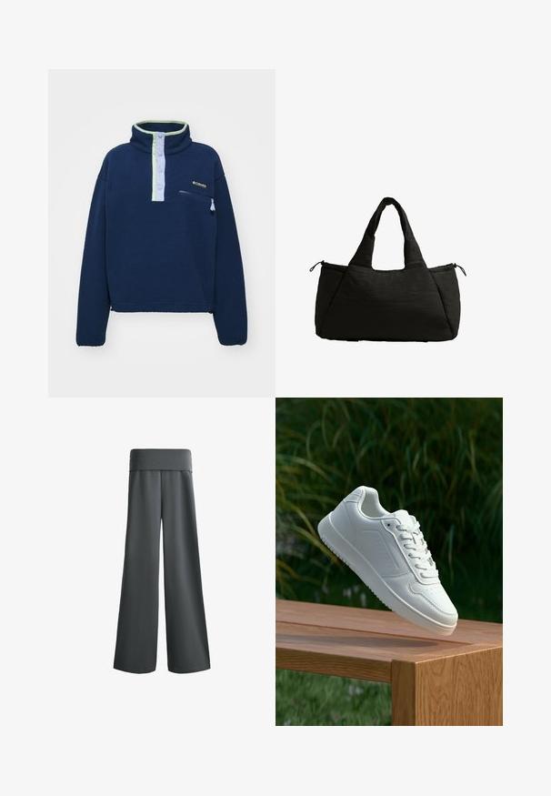 Mörkblå fleece-pullover med hög krage, ljusblå och gröna detaljer, ficka med dragkedja fram och knäppning. Mjuk textur och avslappnad passform.; Mörkgrå vida byxor med en bred elastisk midja, med en ren och skräddarsydd design, hängande mot en vit bakgrund.; Vita sneakers med en slät syntetisk ovandel, perforerat tåparti, platta snören och en strukturerad sula, placerade på en träyta.; Svart toteväska med en fluffig textur, har två korta handtag och en sidficka som är säkrad med dragsko. Enkel, vinkelrät design.