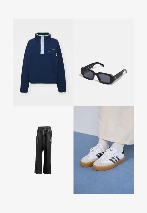 Marineblauer Fleece-Pullover mit hohem Kragen, hellblauen und grünen Akzenten, einer vorderen Reißverschlusstasche und Knopfverschluss. Weicher Stoff und lockere Passform.; Schwarze synthetische Sporthosen mit elastischem Taillenbund, ausgestattet mit weißen Seitenstreifen und einem kleinen weißen Logo auf der linken Hüfte.; Weiße Sneaker mit schwarzen Streifen und beigen Wildlederakzenten. Besitzen eine strukturierte Gummisohle und flache weiße Schnürsenkel, getragen mit hellen Socken.; Schwarze rechteckige Sonnenbrillen mit matter Oberfläche, ausgestattet mit dunklen Gläsern und dicken, kantigen Rahmen. Minimalistisches Design ohne sichtbare Logos.