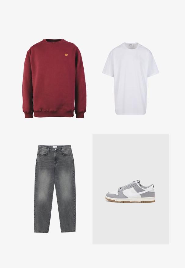 Felpa bordeaux in cotone con scollatura a girocollo, polsini e orlo a costine, caratterizzata da un piccolo logo di un orso ricamato sul petto.; Maglietta bianca in cotone con maniche corte, scollatura rotonda, vestibilità comoda e senza loghi o motivi visibili. Texture liscia e design minimale.; Jeans a vita alta, dal taglio ampio in denim nero sbiadito. Presentano cinque tasche, passanti per cintura e un design dritto e pulito.; Le sneakers Nike presentano una tomaia in camoscio grigio e pelle bianca con perforazioni, lacci rotondi e una suola in gomma per una migliore aderenza.