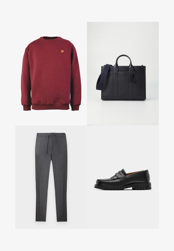 Maroon sweatshirt made of cotton with a crew neckline, ribbed cuffs and hem, featuring a small embroidered bear logo on the chest.; Dark gray tapered pants with an elastic waistband and drawstring, featuring subtle creases along the front.; Black leather loafers feature a raised seam, two decorative straps on the upper, and a thick textured sole for added grip.; Dark navy leather briefcase with dual top handles and a detachable strap. Features textured finish, vertical stitching, and logo detail.