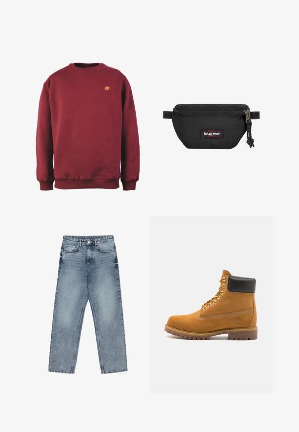 Felpa bordeaux in cotone con scollatura a girocollo, polsini e orlo a costine, caratterizzata da un piccolo logo di un orso ricamato sul petto.; Jeans in denim azzurro chiaro con taglio a gamba dritta, cuciture visibili, design a cinque tasche e chiusura a bottoni in vita.; Stivale alla caviglia in suede tan con collare imbottito nero, occhielli in metallo dorato, dettagli in cucitura bianca e suola in gomma robusta con battistrada pronunciato.; Marsupio nero realizzato in tessuto resistente, con chiusura a zip, tracolla regolabile e un logo rosso e nero sulla parte frontale.