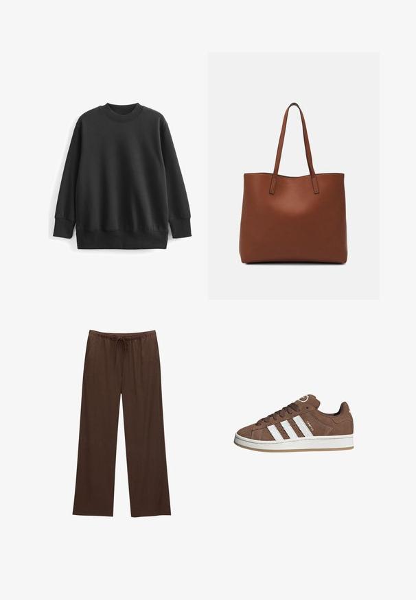 Černá mikina vyrobená z bavlněné směsi. Má kulatý pružný výstřih, dlouhé rukávy a uvolněný střih s pružnými manžetami a lemem.; Hnědé široké kalhoty vyrobené z měkkého materiálu, s elastickým pasem na šňůrku a dvěma bočními kapsami.; Hnědé semišové tenisky s bílými koženými pruhy, gumovou podrážkou, kulatou špičkou a šněrováním vpředu. Mají logo na jazyku a perforované detaily.; Hnědá kožená taška přes rameno s hladkou texturou, otevřeným designem a dvěma ramenními popruhy. Obsahuje minimální švy a žádné viditelné kovové prvky.