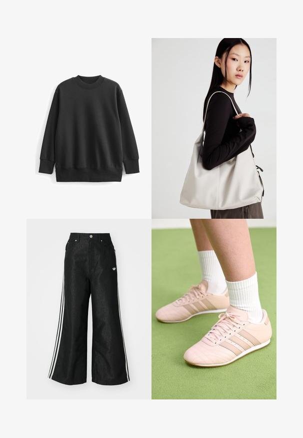 Sudadera negra hecha de una mezcla de algodón. Presenta un cuello redondo acanalado, mangas largas y un corte relajado con puños y dobladillo acanalados.; Pantalones de denim anchos y negros con tres franjas blancas en cada lado y un pequeño logo blanco. Cuenta con bolsillos frontales y un cierre de botón.; Zapatillas deportivas rosa claro con costuras diagonales, suelas blancas y tres rayas laterales. Llevadas con calcetines blancos con canalé sobre una superficie verde.; Bolso de mano beige hecho de material suave, con un diseño holgado, detalles cosidos y dos asas. Adecuado para uso diario.