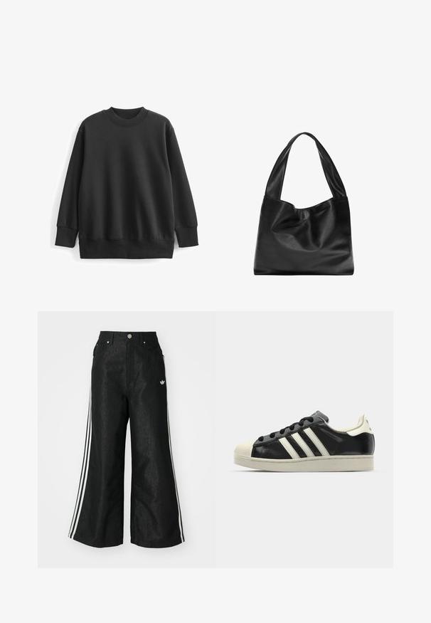 Czarna bluza z bawełnianego materiału. Posiada okrągły, prążkowany dekolt, długie rękawy i luźny krój z prążkowanymi mankietami i dołem.; Czarne dżinsy o szerokich nogawkach z trzema białymi paskami po bokach i małym białym logo. Posiadają przednie kieszenie i zapięcie na guzik.; Czarne skórzane trampki z białymi paskami, gumowym czubkiem, czarnymi sznurówkami i kremową podeszwą. Gładka faktura z połyskującym wykończeniem.; Czarna skórzana torba na ramię o miękkim, zwisającym fasonie, szerokich uchwytach i gładkiej fakturze. Brak widocznych elementów metalowych lub ozdób.