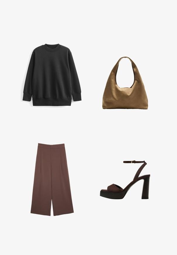 Černá mikina vyrobená z bavlněné směsi. Má kulatý pružný výstřih, dlouhé rukávy a uvolněný střih s pružnými manžetami a lemem.; Hnědé široké kalhoty s hladkou texturou, vysokým pasem a předními záhyby. Materiál je lehký a volně splývá.; Hnědé semišové sandály na vysokém podpatku s otevřenou špičkou, nastavitelným páskem kolem kotníku a proužkovou platformou.; Hnědá textilní taška přes rameno s širokým, zaobleným tvarem a velkým výřezem na rukojeť. Měkká textura, minimalistický design a žádné viditelné kovové prvky.