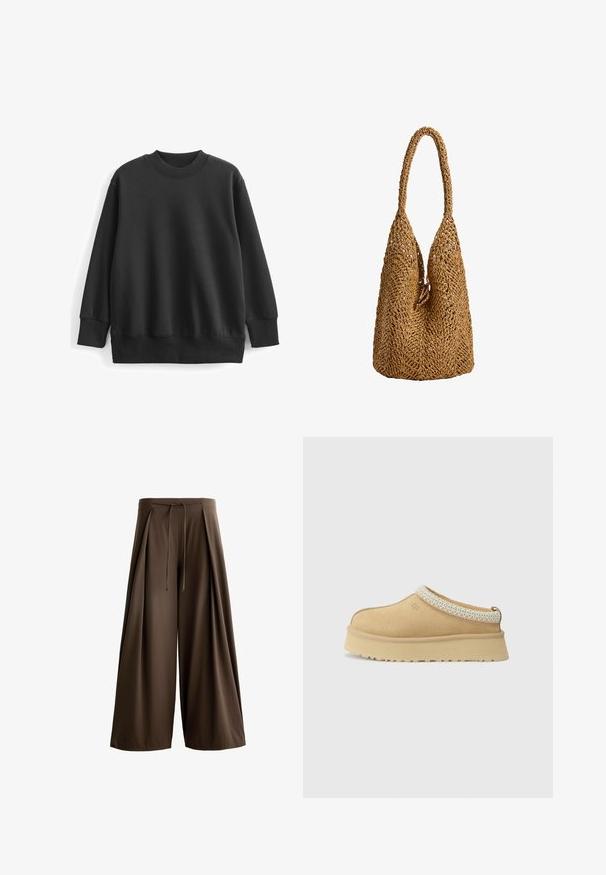 Czarna bluza z bawełnianego materiału. Posiada okrągły, prążkowany dekolt, długie rękawy i luźny krój z prążkowanymi mankietami i dołem.; Czekoladowe spodnie typu wide-leg wykonane z teksturowanej tkaniny, z elastycznym paskiem w talii i fałdami z przodu.; Sandały slip-on w kolorze tan z wyściełanym kołnierzem i teksturowanym, jasnoniebieskim akcentem. Posiadają grubą, trwałą podeszwę z wzorzystym bieżnikiem.; Tkana brązowa torba na ramię o wyrazistym otwartym wzorze, z wydłużonym, zaokrąglonym uchwytem i miękką teksturą.