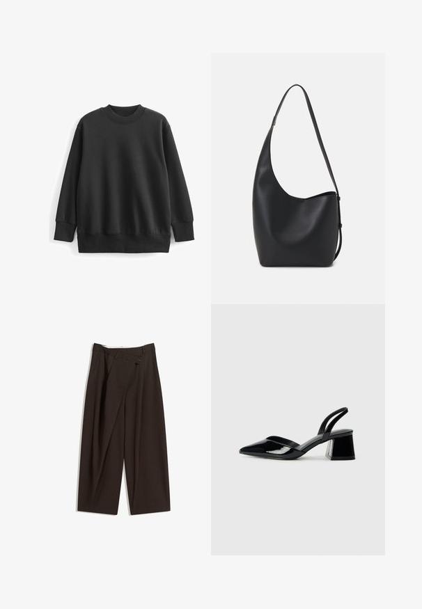 Sweatshirt noir en mélange de coton. Il présente un col rond côtelé, des manches longues et une coupe décontractée avec des poignets et un ourlet côtelés.; Pantalons larges marron foncé à taille haute, dotés d'une fermeture à un bouton et d'un devant plissé. Confectionnés en tissu léger.; Escarpins en cuir verni noir avec bout pointu et talon bloc géométrique. Présente un design élégant et minimaliste ainsi qu'une texture lisse.; Sac hobo en cuir noir avec une texture lisse, une forme incurvée et une seule sangle réglable ; dispose d'une large ouverture en haut.