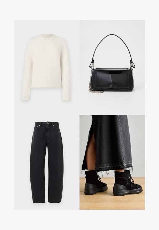 Balts džemperis ar garām piedurknēm no mīksta, pūkaina materiāla ar apaļu kakla izgriezumu un ribotas aproces un apakšdaļu. Vienkāršs, bez rotājumiem.; Melnas džinsi ar taisnu kāju dizainu, piecām kabatām un vara akcentiem. Audumam ir gluda tekstūra un klasiskā šuvuma piegriezums.; Melnas potītes zābakus, izgatavotus no zamša, ar noapaļotu purngalu, auklu slēgšanu un biezu, teksturētu gumijas zoli. Redzama apgriezta džinsa svārku apmale.; Melnas lakotas ādas rokassomi ar taisnstūra formu, ķēdes siksnu un izteiksmīgu metāla aksesuāru centrā. Gluda tekstūra.