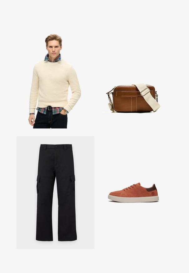 Cremig strukturierter Pullover mit Rundhalsausschnitt, über einem blau-grünen karierten Hemd getragen. Dunkle Jeans und ein schwarzer Gürtel vervollständigen das Outfit.; Schwarze Cargo-Hosen mit geradem Bein Design. Hergestellt aus strapazierfähigem Stoff, mit zwei Seitentaschen mit Klappen und einem Knopfverschluss.; Elegante Low-Top-Sneaker aus burnt-orange Wildleder mit braunen Lederelementen und kontrastierender weißer Gummisohle. Runde Schuhspitze und fünf Ösen für die Schnürsenkel.; Braune Leder-Crossovertasche mit weißer Naht, rechteckiger Form, Reißverschluss und einem beigen, verstellbaren Riemen. Verfügt über zwei vordere Taschen.