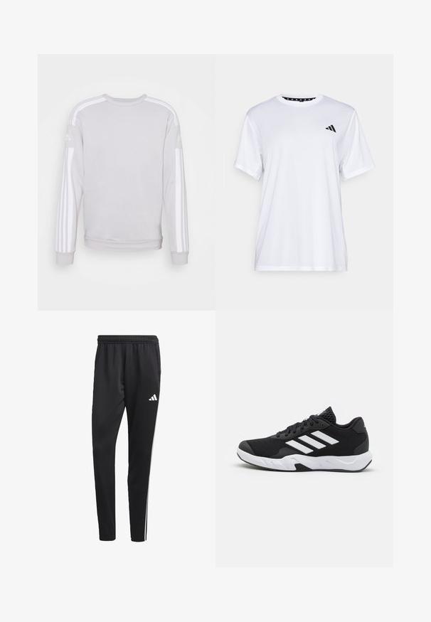 Felpa grigia chiara con maniche lunghe, collo rotondo e strisce verticali bianche sulle spalle. Texture morbida e design informale.; Maglietta sportiva bianca a maniche corte, realizzata in tessuto traspirante. Presenta un logo nero sul lato sinistro del petto e un collo interno a fantasia.; Pantaloni sportivi neri con una cintura elastica, strisce laterali bianche e un piccolo logo bianco sulla coscia. Realizzati in un materiale liscio e leggero.; Scarpe da ginnastica nere con una tomaia in mesh texturizzata, strisce bianche di accento, suola imbottita e tallone rinforzato per supporto.