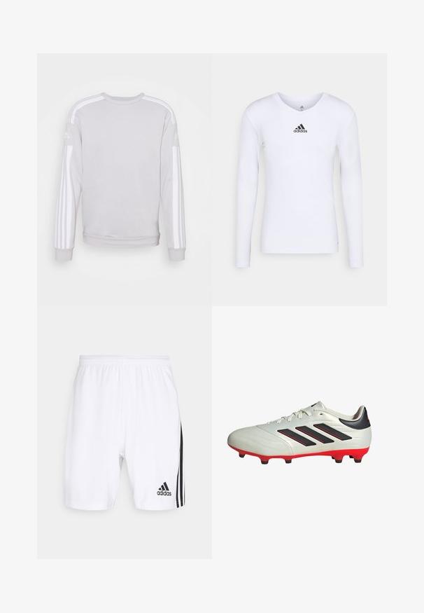 Hellgrauer Pullover mit langen Ärmeln, Rundhalsausschnitt und weißen vertikalen Streifen auf den Schultern. Weicher Stoff und lässiges Design.; Langärmliges weißes Sportshirt aus glattem Material mit einem schwarzen Adidas-Logo auf der Brust; V-Ausschnitt-Design und figurbetonte Form.; Weiße Sportshorts mit elastischem Bund, versehen mit schwarzen Seitenstreifen und einem kleinen schwarzen Adidas-Logo nahe dem Saum.; Weißer Fußballschuh mit schwarzen Akzenten und roter Sohle. Verfügt über drei schwarze Streifen an der Seite und ein glattes Obermaterial.