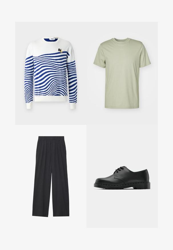 Pull blanc avec des rayures ondulées bleues, col rond, manches longues et un petit logo noir et jaune sur la poitrine. Texture en tricot douce.; T-shirt en coton vert clair avec un col rond, des manches courtes et un logo de marque discret imprimé au centre de la poitrine.; Pantalons à jambes larges en tissu gris foncé. Comprend des plis à la taille, un design ajusté et une silhouette droite.; Chaussure oxford en cuir noir avec un design à lacets, bout rond, semelle en caoutchouc plate et détails de surpiqûre discrets le long du dessus.