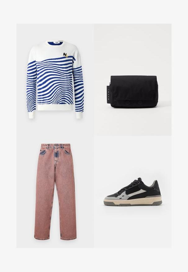 Maglione bianco con strisce ondulate blu, colletto tondo, maniche lunghe e un piccolo logo nero e giallo sul petto. Tessuto a maglia morbido.; Jeans in denim rosa chiaro con taglio dritto, dotati di due tasche frontali, texture sbiadita e cuciture in contrasto lungo le cuciture.; Sneakers con pannelli neri e grigi, rete testurizzata, pelle liscia e una suola in gomma crema dal design minimalista.; Borsa a tracolla nera realizzata in tessuto testurizzato. Presenta una chiusura a pattina con due bottoni circolari, un compartimento con zip e un'etichetta con il nome del marchio.