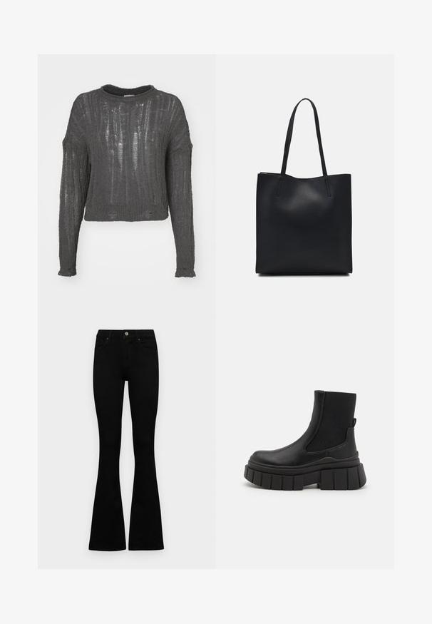 Noisy May NMMARY ONECK - Camisola - charcoal gray; Jeans pretos em corte flared feitos de denim. Apresentam um fecho de botão, cinco bolsos e uma textura suave. A perna flared começa abaixo do joelho.; Botas pretas até ao tornozelo, feitas de couro liso, com painéis laterais elásticos, uma sola de plataforma robusta e um design de piso texturizado.; Bolsa tote preta em couro com textura lisa, forma retangular e duas alças longas. Sem hardware ou enfeites visíveis.