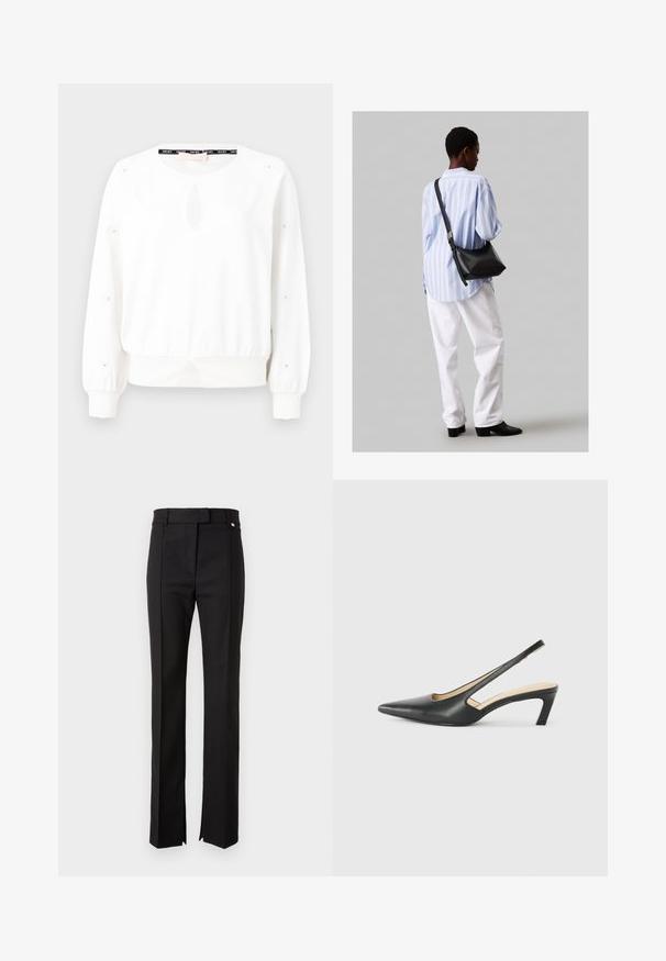 Valkoinen collegepaita, jossa on pyöreä kaula-aukko, etupuolella avainaukko-yksityiskohta ja napilliset yksityiskohdat hihoissa. sisältää kerätty vyötärö ja ribattu hihansuu.; Mustat muotitaitteluhousut, joissa on suora lahkeiden muotoilu, vyötärö, jossa on nappikiinnitys, ja sivuhalkiot helmassa.; Musta, kärjeltään terävä slingback-kengä, jossa on matala korko. Kengässä on sileä nahkamateriaali ja sivuilla leikkaukset hengittävyyttä varten.; Musta nahkainen olkalaukku, jossa on pehmeä rakenne, kolmion muoto ja säädettävä hihna, yhdistettynä vaaleansiniseen raidalliseen paitaan ja valkoisiin housuihin.