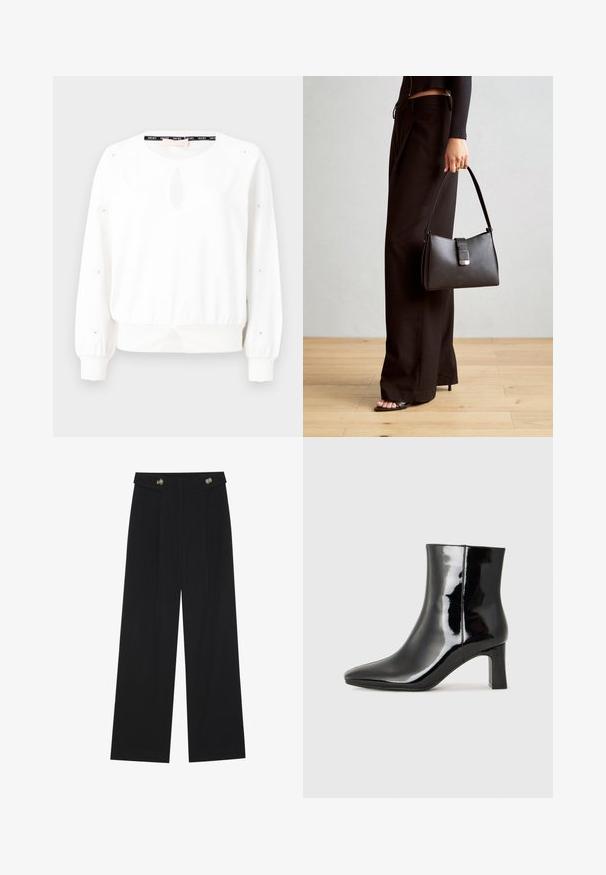 Weißes Sweatshirt mit rundem Ausschnitt, Schlüssellochdetail vorne und Knopfakzenten an den Ärmeln. Verfügt über einen gerafften Bund und gerippte Bündchen.; Schwarze weite Hosen mit hoher Taille, Knopfdetails am Bund und vorderen Falten.; Schwarzer Lackleder-Stiefelette mit spitzer Zehe und einem mittelhohen Blockabsatz. Glatte Textur und minimalistisches Design.; Schwarze Handtasche mit strukturierter Form, glatter Textur und einem metallischen Verschluss. Kombiniert mit weiten schwarzen Hosen und offenen Sandalen auf einem Holzboden.