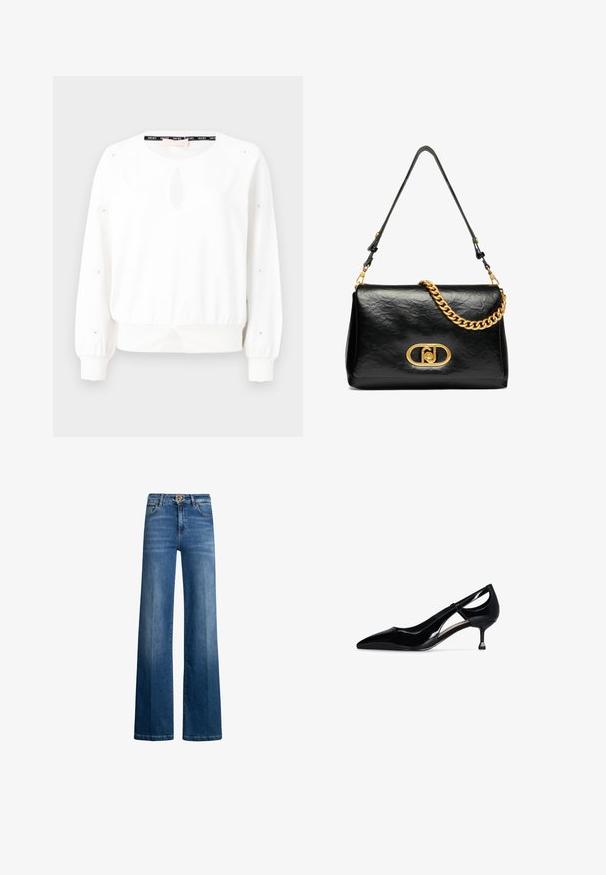 Witte sweatshirt met een ronde hals, vooraan een sleutelgatdetail en knoopaccenten op de mouwen. Heeft een gathered tailleband en geribbelde manchetten.; Wijduitlopende jeans van indigo denim, met een hoge taille, zilveren hardware en een klassiek vijf-pocket ontwerp. Gladde textuur met subtiele vervaging.; Zwarte lakleren hoge hak schoen met een spitse neus, uitsnijdingen in het ontwerp en een slanke hak met een metallic accent.; Zwarte leren schoudertas met een gekreukeld textuur, gouden kettingaccent en een opvallende gouden sluiting met een ovale logo. Verstelbare schouderband.