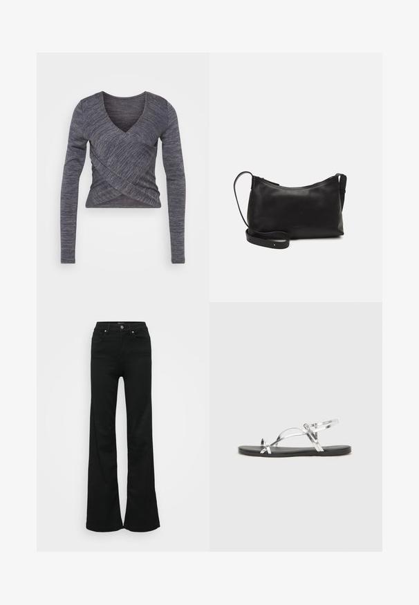 Ilga rankovė, tamsiai pilka megzta palaidinė su V formos iškirpte ir apvyniojimo dizainu, turinti tekstūruotą raštą ir prigludusią siluetą.; Juodos plačios džinsinės kelnės, pagamintos iš denimo, su aukštu liemeniu, penkiomis kišenėmis ir metaliniu sagčių uždarymu. Lygi tekstūra su minimaliu dekoravimu.; Sidabriniai metaliniai sandalai su minimalistiniu dizainu, turintys plonas dirželius ir juodą plokščią padą. Išskirtinai pabrėžiami kryžminiai dirželių akcentai.; Juodas odinis petinis krepšys su lygiu paviršiumi, išlenkta forma, reguliuojama dirželiu ir užtrauktuku. Minimalistinis dizainas be puošmenų.