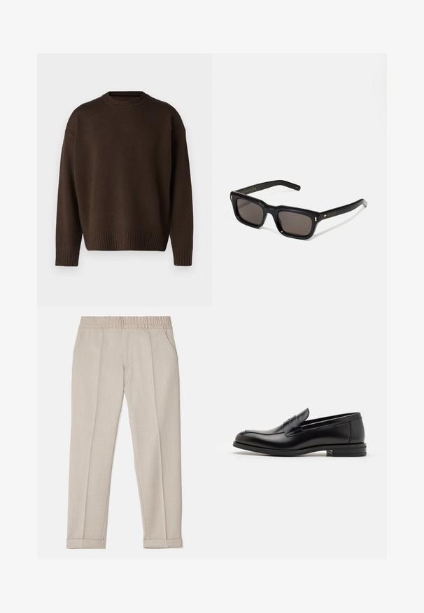 rag & bone CLARKSON CREW - Pullover - slatebrown; Filippa K TERRY CROPPED TROUSERS - Pantalon classique - sage melange; Mocassins en cuir noir avec une texture lisse, bout rond et une sangle décorative sur le dessus. Talon bas empilé, design minimaliste.; Lunettes de soleil noires rectangulaires avec des verres foncés, monture en plastique épais, accents dorés sur les branches et logo de la marque gravé sur le bras.
