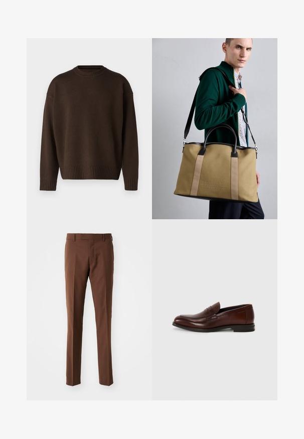 rag & bone CLARKSON CREW - Jumper - slatebrown; Brown, tailored trousers with a flat front, straight leg design, smooth texture, and belt loops. No visible patterns or hardware details.; Brown leather loafers with a rounded toe, front strap detail, and a low stacked heel. Smooth texture with minimal decorative accents.; Canvas tote bag in beige with dark leather accents, featuring dual handles and a detachable shoulder strap; embossed logo detail on front.