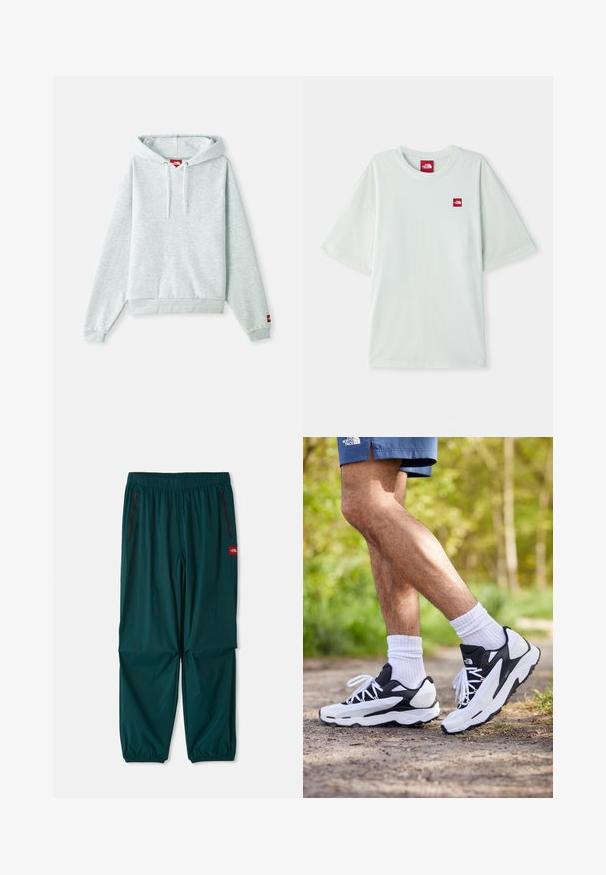 Svetlo sivi dukserica sa kenguruh džepom, podesivim vezicama na kapuljači, rebrastim manžetama i malim crvenim logom na levoj rukavu.; Svetlozeleni kratkotrajni majica z izvlečenimi rukavi, izdelana iz mehke bombažne tkanine, z majhno rdečo oznako na levem prsnem delu. Ohlapen kroj in okrogla izrez.; Zunanje hlače v temno turkizni barvi, z elastičnim pasom, dvema žepoma z zadrgo na straneh in elastičnimi manšetami na gležnjih. Lahka tkanina.; Črne in bele športne čevlje z mrežnim zgornjim delom, teksturiranimi poudarki in belimi vezalkami. Nosi se z belimi nogavicami do gležnjev in mornarskimi kratkimi hlačami na poti.