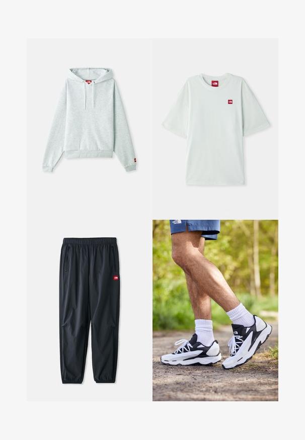 Gaišs pelēks džemperis ar kangaroo kabatu, regulējami aukliņu pievelkšanas mehānismi kapucē, ribotām piedurknēm un mazs sarkans logo kreisajā piedurknē.; Gaiši zaļa īsām piedurknēm T-kreklu, izgatavotu no mīksta kokvilnas, ar mazu sarkanu logo etiķeti kreisajā krūtīs. Brīvs griezums un apaļa kakla izgriezums.; Melnas vieglas bikses, izgatavotas no sintētiskā materiāla, ar elastīgu jostu, ar rāvējslēdzēju sānu kabatām un mazu sarkanu logotipa uzšuvumu.; Melnbalti sporta apavi ar sietiņa augšdaļu, teksturētām akcentiem un baltām šņorēm. Valkāti ar baltām potīšu zeķēm un tumši ziliem šortiem uz ceļa.