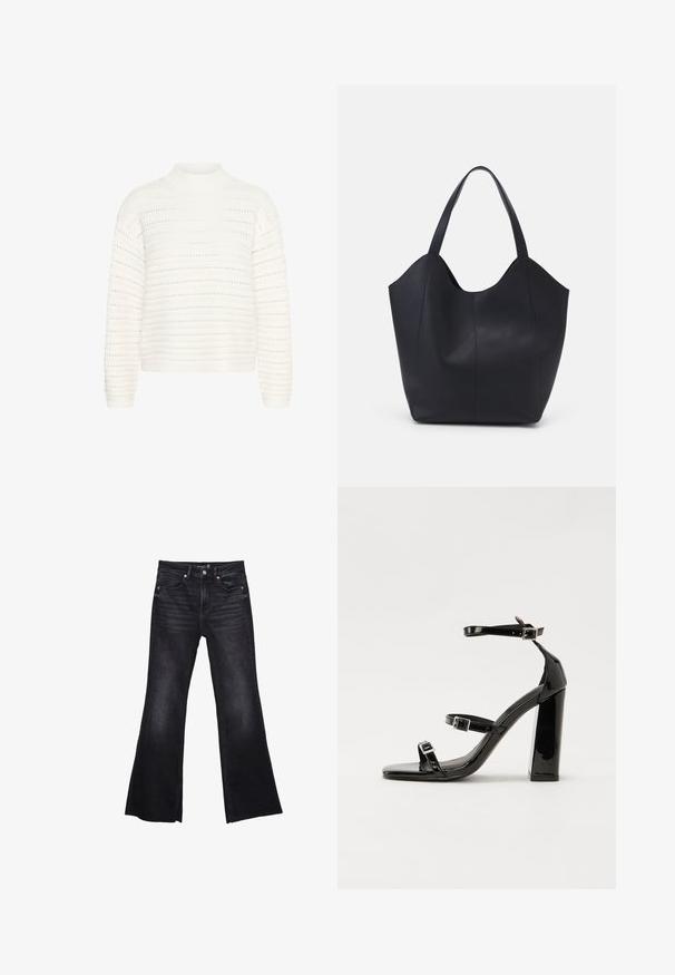 Kaffe Trui - chalk; Zwarte flared jeans gemaakt van denim met een licht vervaagde textuur. Bevat voorzakken, een ritssluiting en zichtbare stikselaccenten.; Zwarte gepatenteerde sandalen met hak en een vierkante neus, enkelbandjes en zilveren gespen. Heeft een stevige blokhak voor stabiliteit.; Zwarte tote tas van glad leer, met een gebogen, open bovenkant en twee schouderbanden, en een minimalistisch ontwerp.