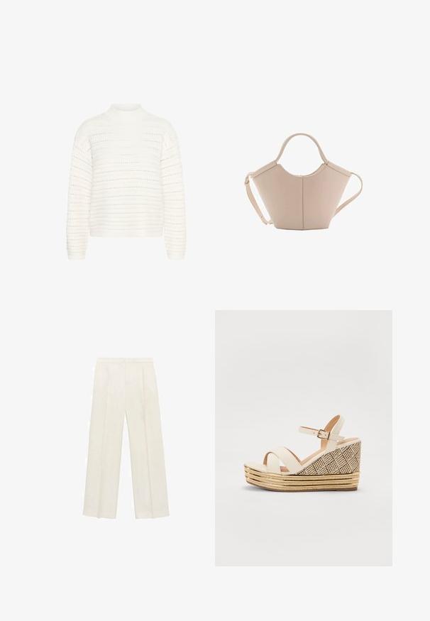 Kaffe Trui - chalk; Wijdgevallen broeken in een lichtcrème kleur. Gemaakt van een zachte stof met plooien aan de voorkant en zijzakken.; Wedge sandalen met een bovenwerk van crème stof, verstelbare enkelband en een tekstuurlijk gewebde hak met gouden accenten en gelaagd stro.; Beige leren handtas met een unieke vorm, voorzien van twee korte handvatten en een lange verstelbare schouderriem. Glad oppervlak met minimale hardware.