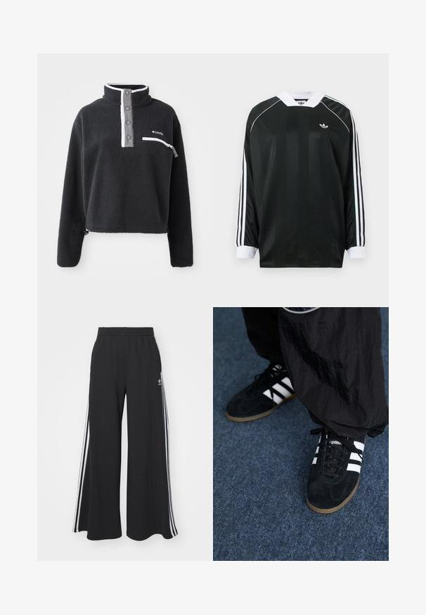 Černý fleecový pulovr s půlzipovým límcem, obsahující kapsu na přední části hrudníku a kontrastní bílé a šedé detaily. Měkká textura, zkrácený střih.; Černé tričko s dlouhým rukávem a výstřihem do V, svislé pruhy, bílé akcenty a tři bílé pruhy na každém rukávu. Malé logo na hrudi.; Černé pohodlné tepláky širokého střihu s elastickým pasem, na boční straně s bílými pruhy a vyšitým logem na levé stehně.; Černé semišové sportovní boty se třemi bílými pruhy a černými tkaničkami. Částečně viditelné vedle bot jsou texturované černé kalhoty.