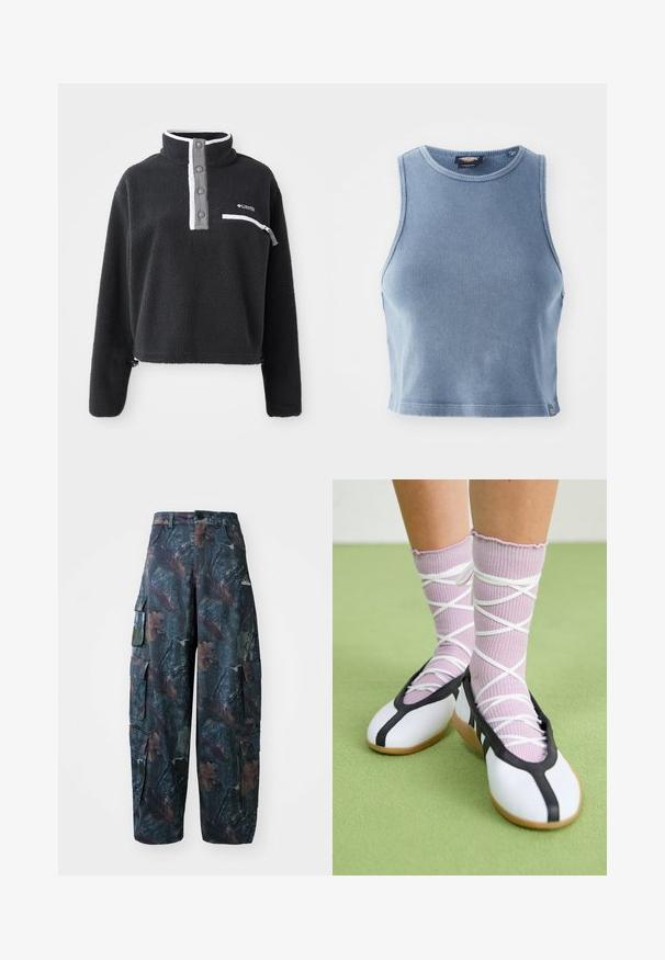 Schwarzer Fleece-Pullover mit halbem Reißverschlusskragen, ausgestattet mit einer vorderen Brusttasche und kontrastierenden weißen und grauen Akzenten. Weicher Stoff, cropped Design.; Helles blaues, geripptes Crop-Top mit Rundhalsausschnitt und ärmellosem Design. Glatte Textur und ein kleines Logodetail am Saum.; Tarnfarben Cargo-Hosen in Dunkelgrün und Braun, mit mehreren Taschen und lockerer Passform, aus leichtem, strapazierfähigem Stoff.; Weiße flache Schuhe mit schwarzem Besatz und Sohle, kombiniert mit helllilanen, gerippten Socken mit weißen Überkreuz-Riemen. Auf einem grünen Hintergrund.
