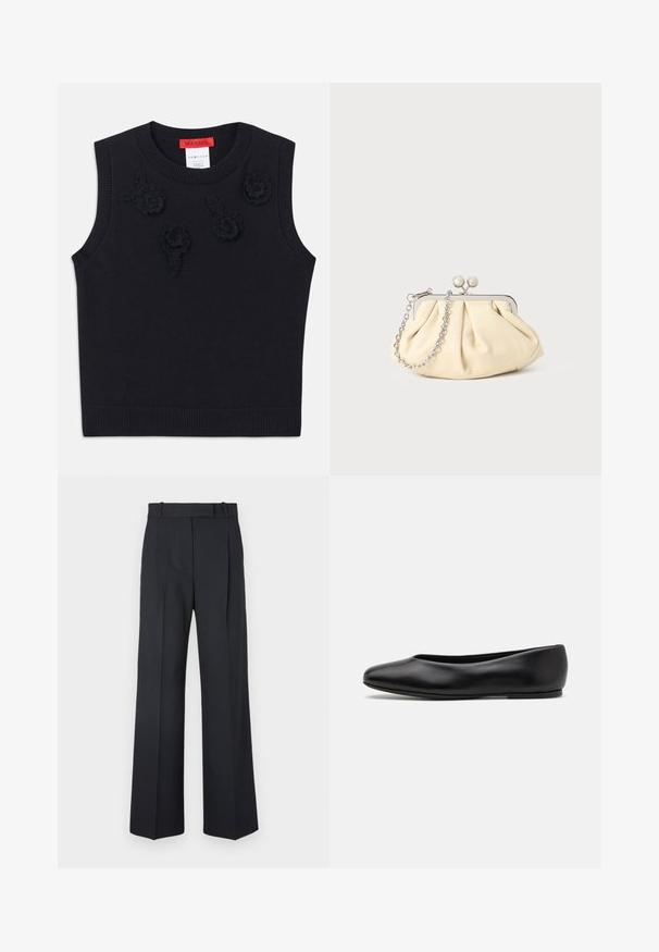 Black sleeveless sweater with a ribbed neckline and hem. Features textured floral appliqués on the front. Soft knit material.; White cotton long-sleeve shirt with a pointed collar, button-front closure, and rounded hem. Smooth texture, regular fit, and no patterns.; Dark blue pinstriped trousers with a high waist, wide leg design, and no visible hardware or embellishments. Smooth texture and tailored fit.; Paul Smith TOPANGA - Ballet pumps - black; Pleated beige leather clutch with a silver metal frame, featuring two round decorative clasps and a silver chain strap.