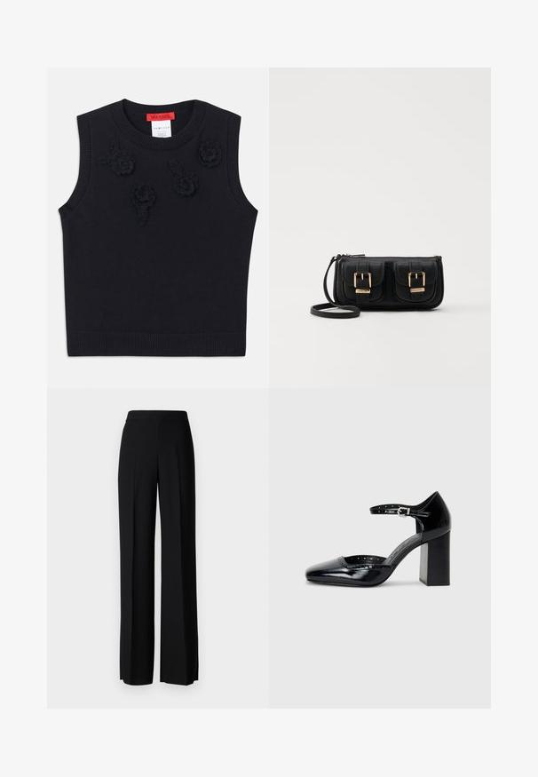 Pull sans manches noir avec un ample col côtelé et un ourlet côtelé. Présente des appliqués floraux texturés sur le devant. Matériau en tricot doux.; Pantalons noirs à jambes larges avec une texture lisse, dotés d'une taille haute et de plis centraux. Pas de motifs visibles ni de détails en matériel.; Chaussures à talons hauts en cuir verni noir avec un bout carré, une bride de cheville et un talon épais. Comprend des détails perforés le long du bord.; Sac en cuir noir porté en travers avec deux poches avant, boucles dorées, fermeture zippée et une sangle fine. Surface texturée et forme rectangulaire compacte.